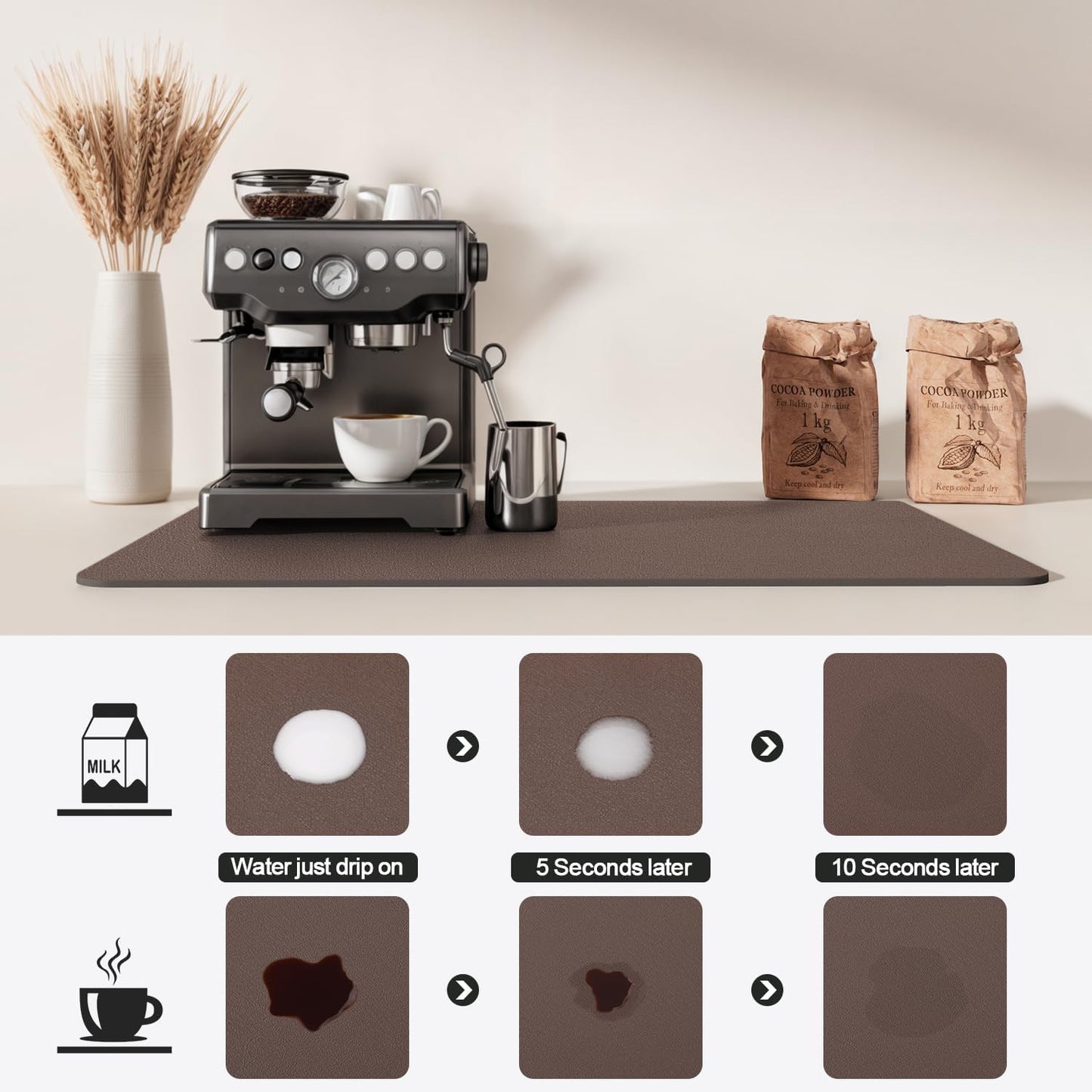 Dish Drying Mat for Kitchen Counter | Coffee Bar Mat for Countertops | Heat Resistant Drainer Mat with Non-slip Rubber Backed | Hide Stain Kitchen Absorbent Draining Mat | Brown 18"x24"