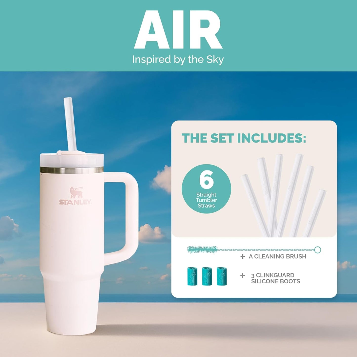 Simply Straws 12 Inch Glass Straws Straight (6-Pack) – Reusable Glass Straws for Stanley 40 Oz Tumbler, with Cleaning Brush – Durable, Dishwasher Safe, Hot & Cold Use, BPA-Free (Air)