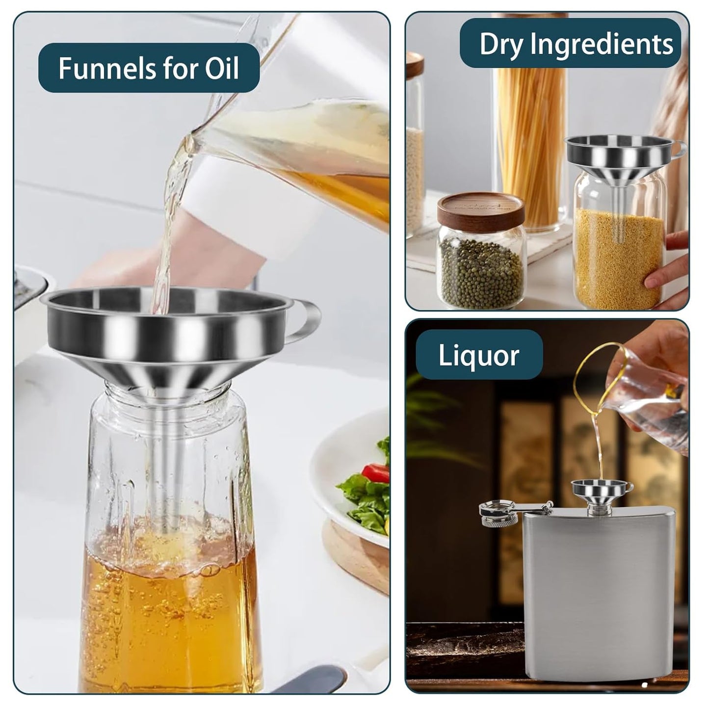 5 in 1 Funnels for Filling Bottles Stainless Steel Small Kitchen Funnel Set for Transferring Essential Oils Liquid Fluid Spice Dry Ingredients Powder, Durable and Dishwash Safe