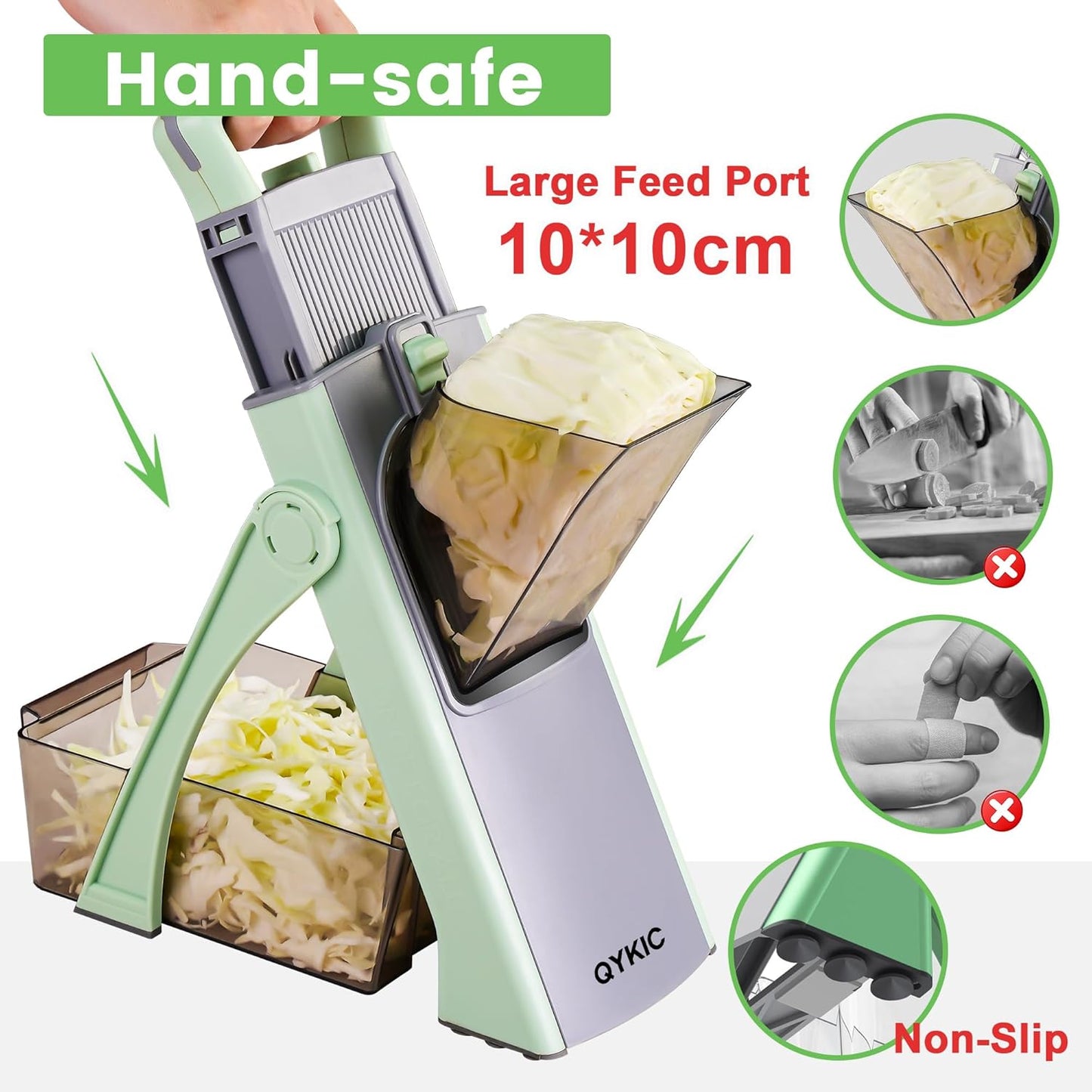 Upgrade Safe Mandoline Slicer for Kitchen, Chopper Vegetable Cutter, Potato Slicer Thickness Adjuster, French Fry Cutter, Veggie Dicer Faster Kitchen Mandolin for Meal Prep Green