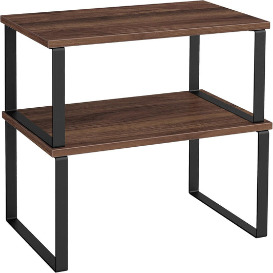 SONGMICS Cabinet Organizer Shelf, Set of 2 Kitchen Counter Shelves, Kitchen Storage, Spice Rack, Stackable, Expandable, Metal and Engineered Wood, Natural Walnut and Matte Black UKCS020K01