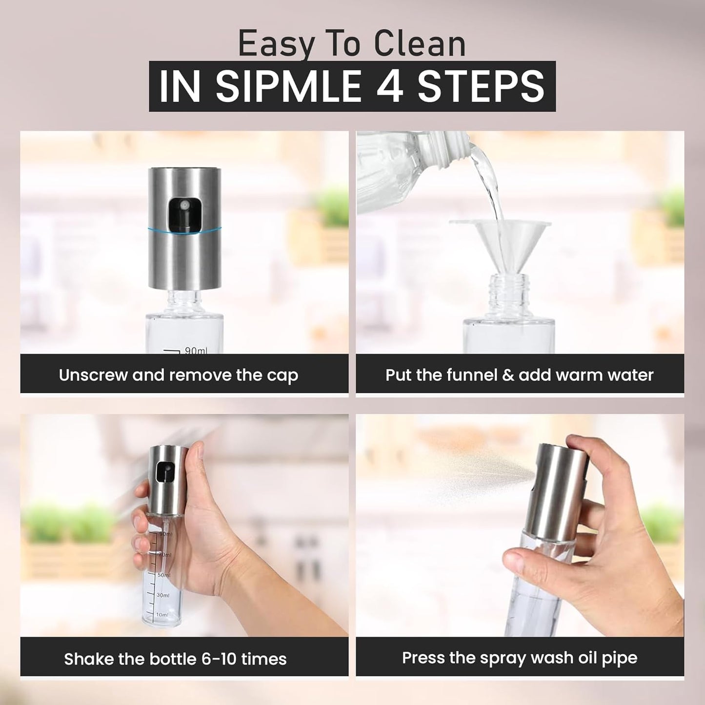 Oil Sprayer for Cooking -100ml Sprayers, Clear Transparent Glass Bottles, Food Grade, Refillable, Multi Purpose Oil Mister with Non Slip Cap, Oil Funnel & Silicone Brush