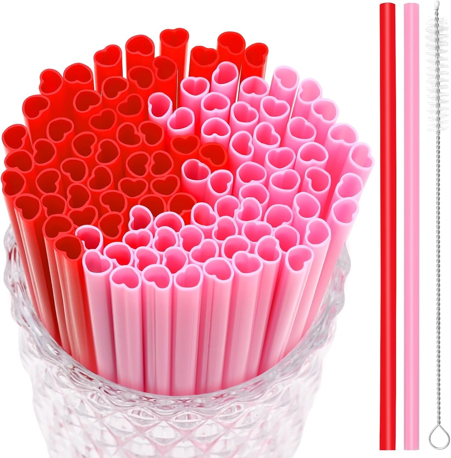 JANYUN 30 Pcs Pink Red Heart Shaped Straws, Reusable Valentines Plastic Drinking Straw for Valentines Day Party Favors Birthday Bridal Shower Wedding Supplies