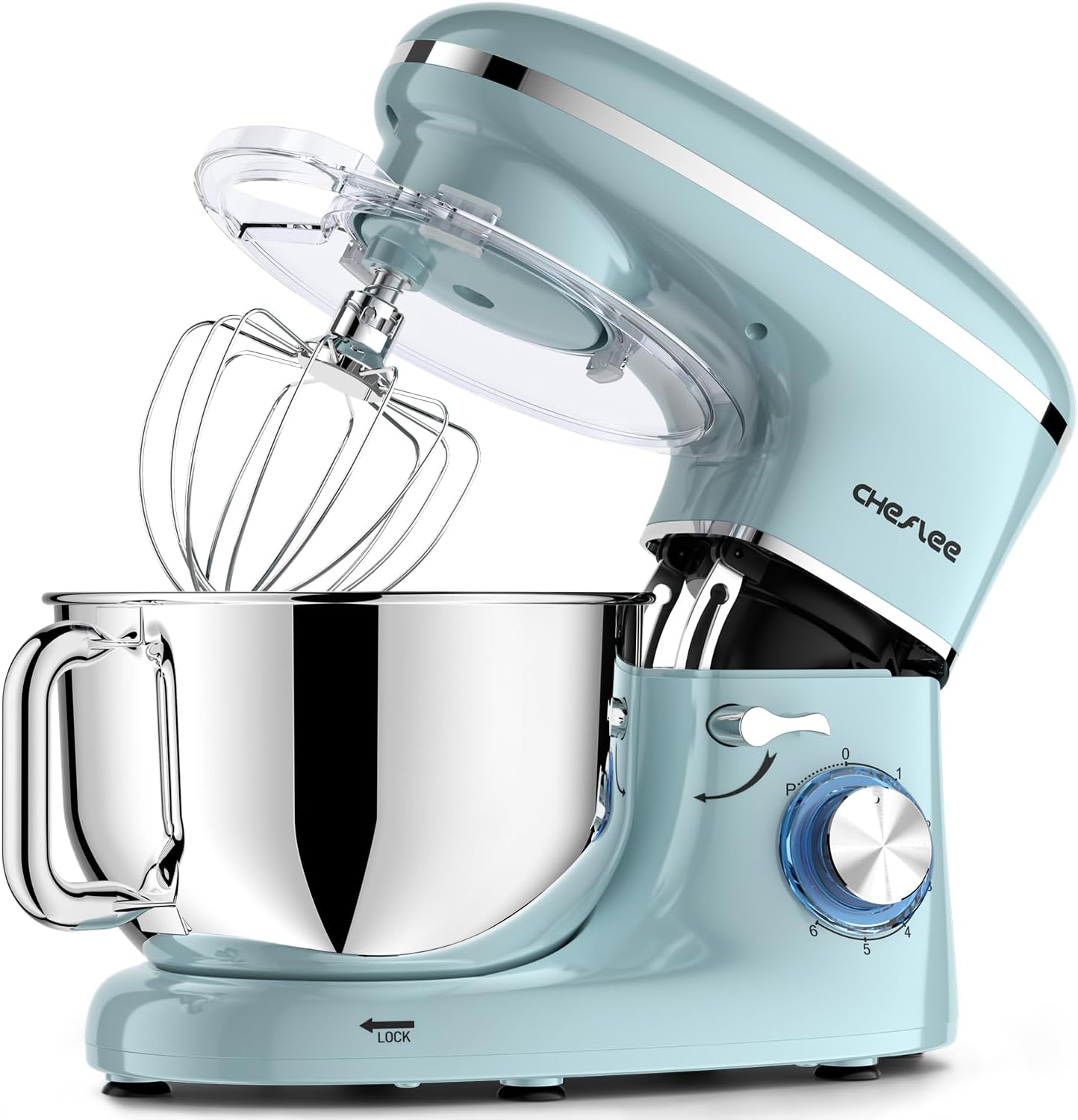 CHeflee Stand Mixer,600W 6+P With 6.5QT Stainless Steel Bowl,Dough Hook, Wire Whip & Beater,for Most Home Cooks,Blue