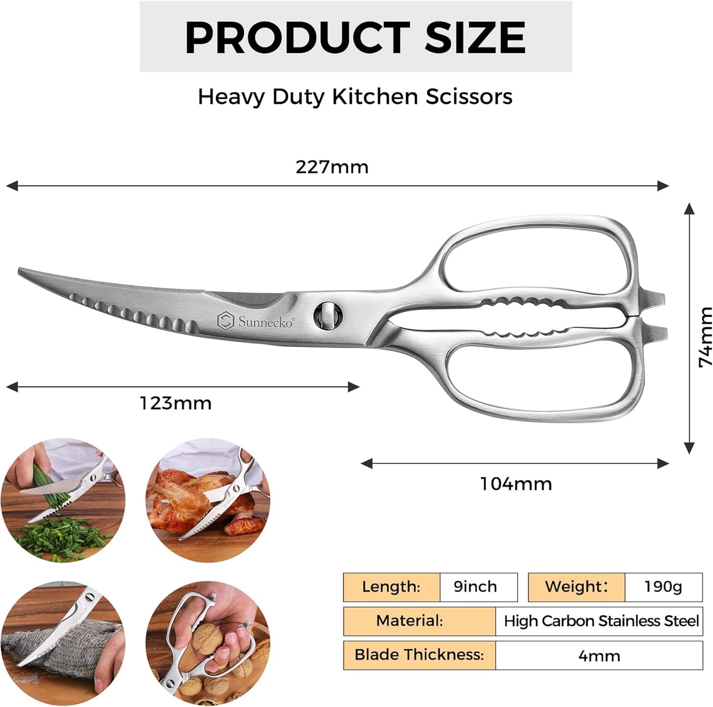 Sunnecko Kitchen Scissors for Food, Heavy Duty Scissors All Purpose Kitchen Shears That Come Apart, 9 Inch Fully Forged Stainless Steel with Curved Blades
