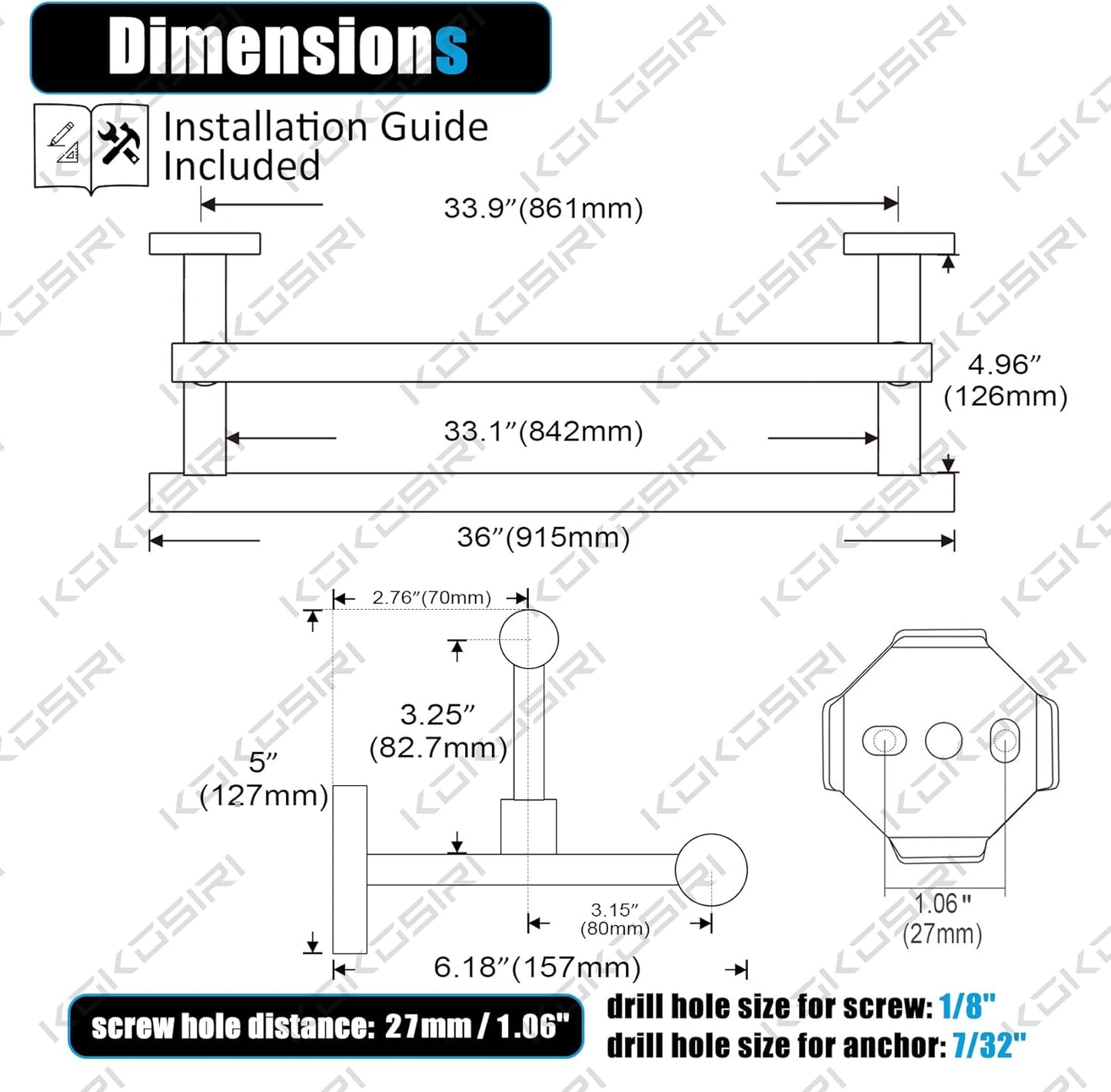 KOKOSIRI Bath Towel Holders Brushed Nickel Bathroom Rack 36 Inch Double Towel Bars Overlength Kitchen Rails Stainless Steel B5009BR-L36