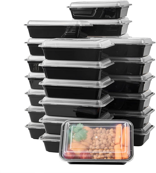 FULIGN 24 oz Meal Prep Containers With Lids Reusable 50 Pack Extra-thick Plastic Food Storage Black Disposable To Go Lunch Box BPA Free Stackable Microwave Dishwasher Freezer Safe