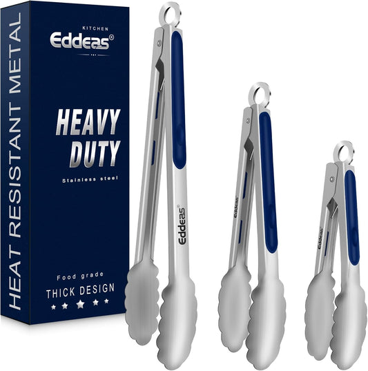 Tongs For Cooking - Heat Resistant 600 Degrees Stainless Steel Kitchen Tong, Heavy Duty Metal Locking Tongs - For Food,Salad, grilling, BBQ 7",9" & 12 inch, set of 3 Dishwasher Safe Blue
