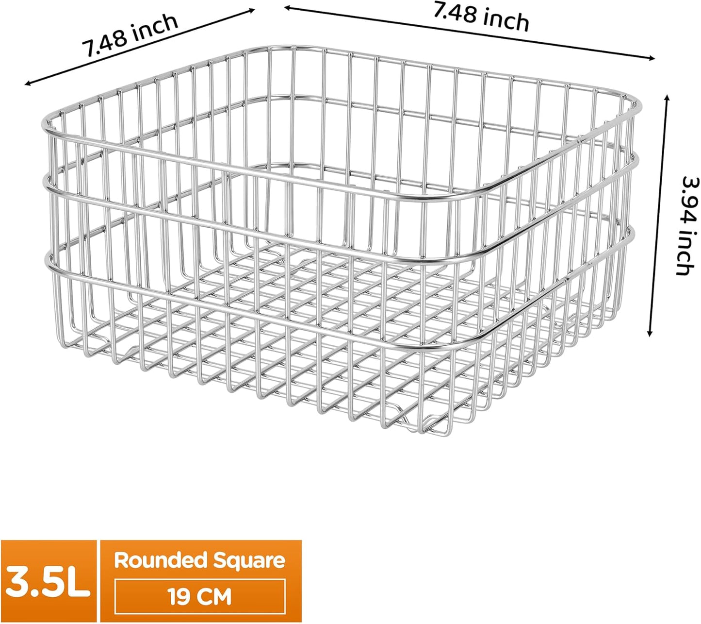 304Stainless Steel Wire Mesh Fruit Basket Colander, 3.5L Countertop Storage Organizer for Fruits, Vegetables, Snacks.7.48x 7.48x 3.94 in (19cm,Rounded Square)