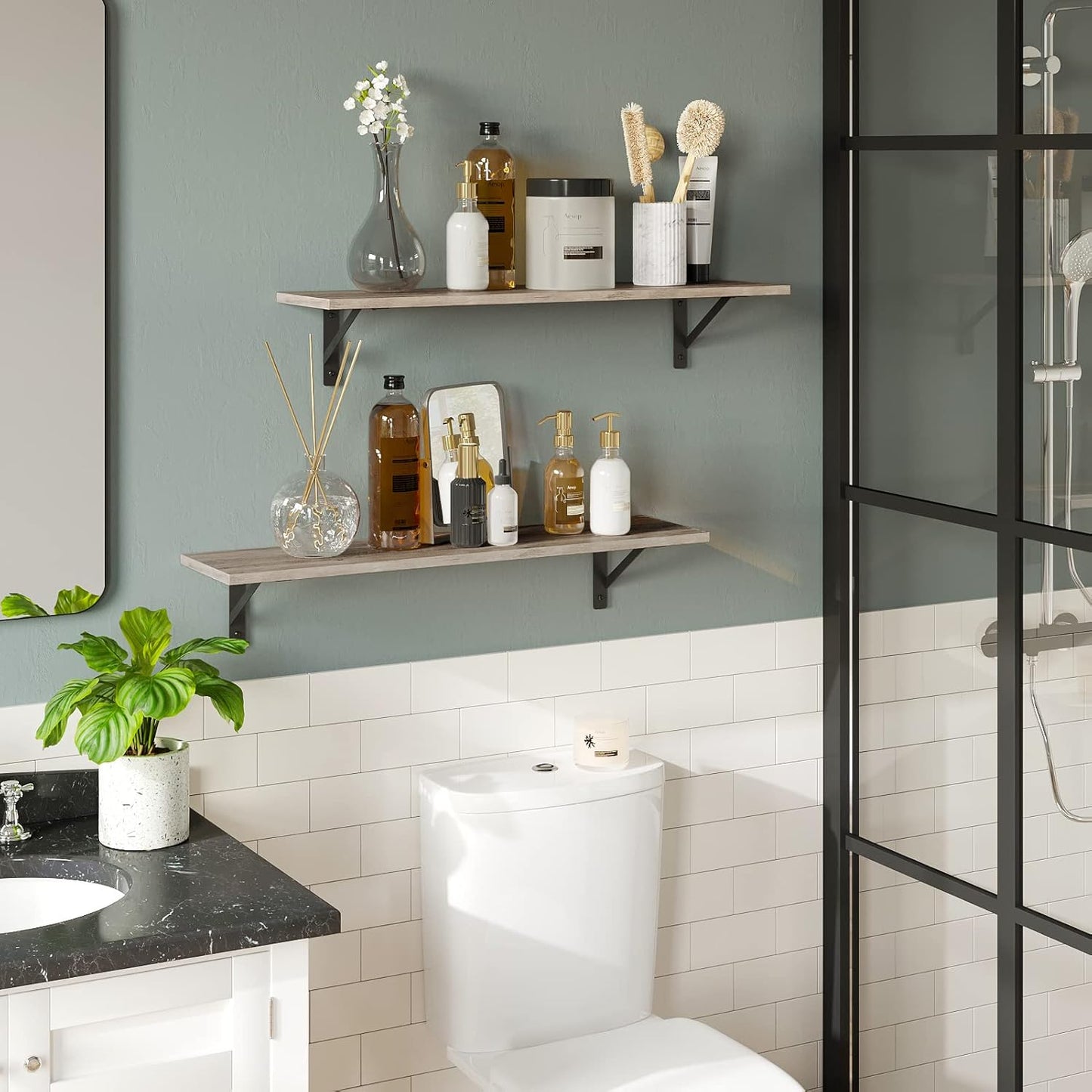 DINZI LVJ Long Wall Shelves, 31.5 Inch Wall Mounted Shelves Set of 2, Easy-to-Install, Wall Storage Ledges with Sturdy Metal Brackets for Living Room, Bathroom, Bedroom, Kitchen, Greige