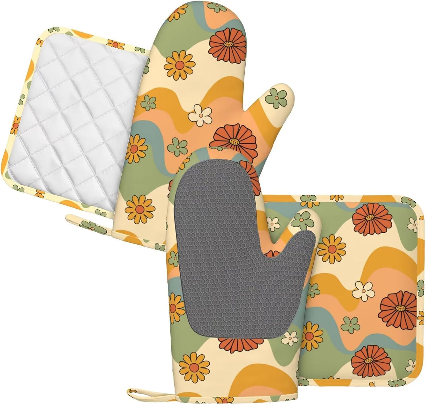 70s Groovy Cute Vintage Flower Floral Oven Mitts and Pot Holders Set of 4 Silicone Kitchen Mitten Gloves and Non-Slip Potholders Set Heat Resistant Oven Gloves Hot Holders for Kitchen