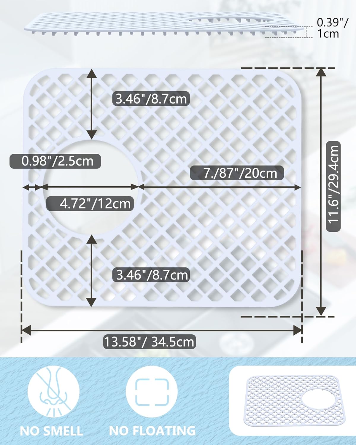 2 Pack Silicone Sink Protectors for Kitchen Sink, Lozenge Pattern 13 x 11 Inches Sink Mat, Non-Slip and Durable Sink Protector Silicone, Rear Drain, White