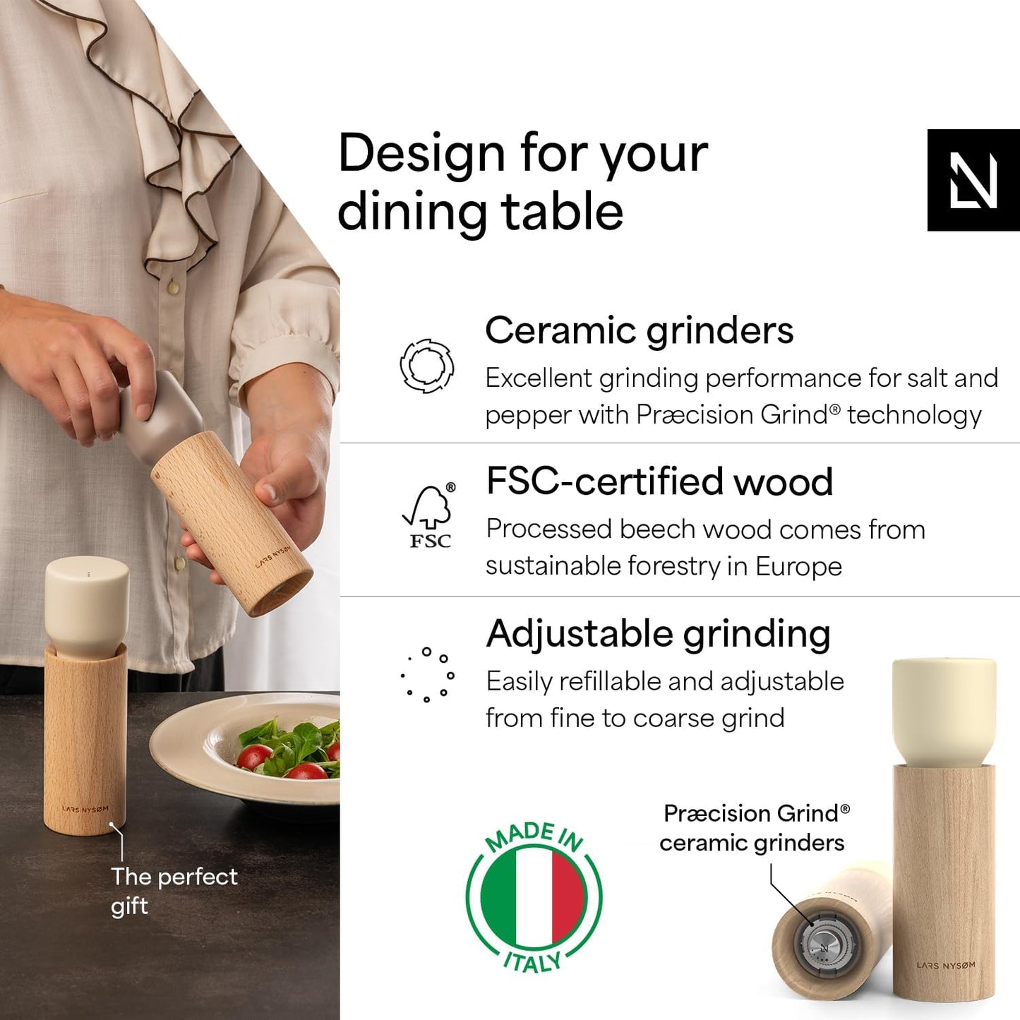 LARS NYSØM Wooden Salt and Pepper Grinder Set Manual with Tray - Salt and Pepper Mills with Adjustable Ceramic Grinder - Elegant Beechwood Pepper and Salt Mill Set for Dining Table (Almond Beige)