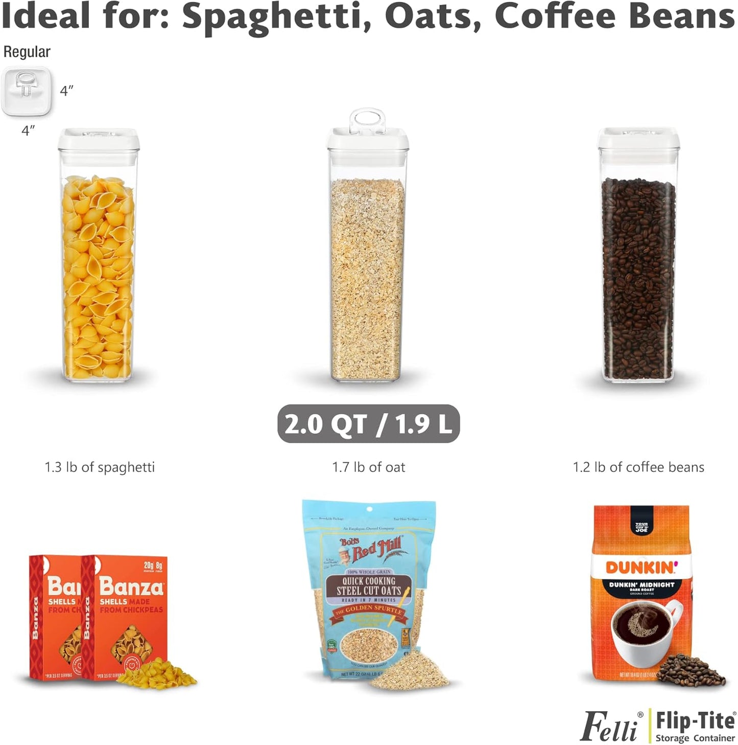 Felli Flip Tite TALL Storage Container with Lid 4" Air Tight Easy Open Ring Top, Clear Acrylic Skinny Canister Jar for Spaghetti Lasagna Fettuccine Noodle, Kitchen Cupboard Pantry Organizer (2.0 qt)