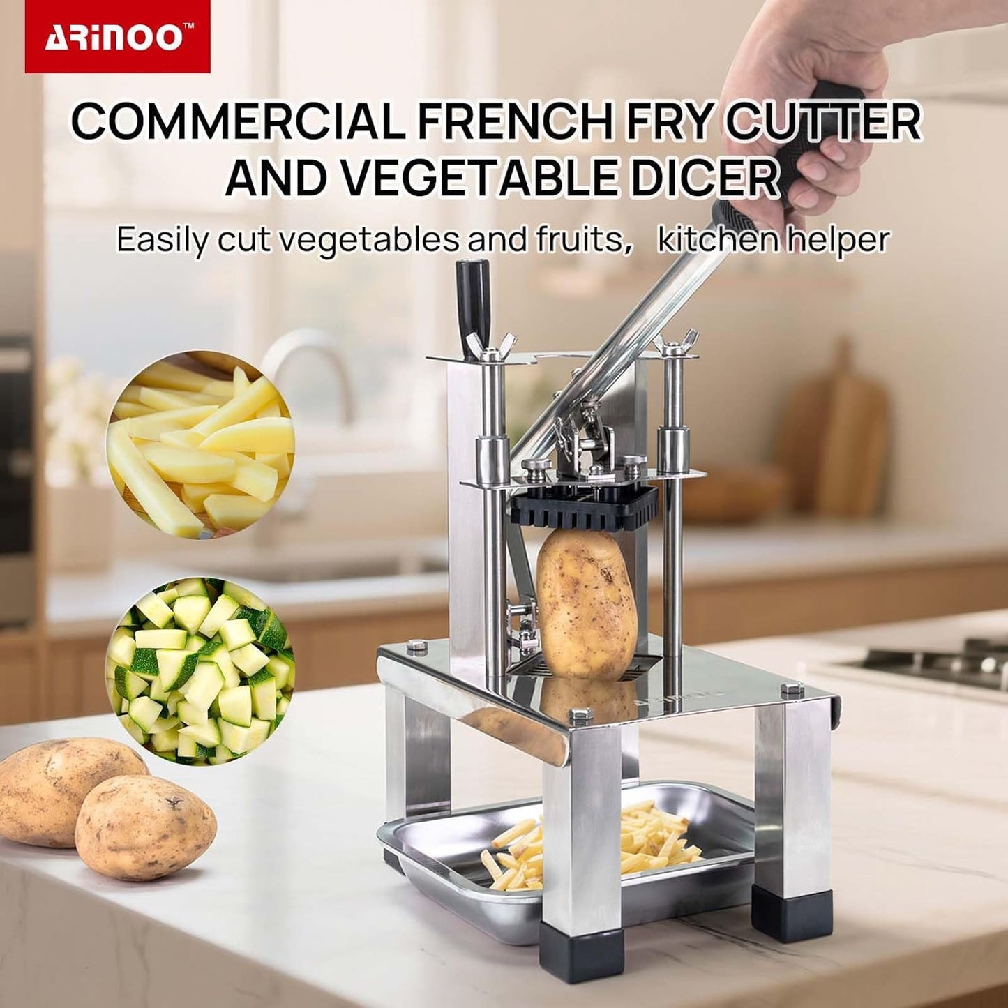 Commercial French Fry Cutter and Vegetable Dicer with 3 Stainless Steel Blades – 3/8", 1/2", 1/4" – Heavy Duty Stainless Steel Potato Slicer for Home and Restaurant Use