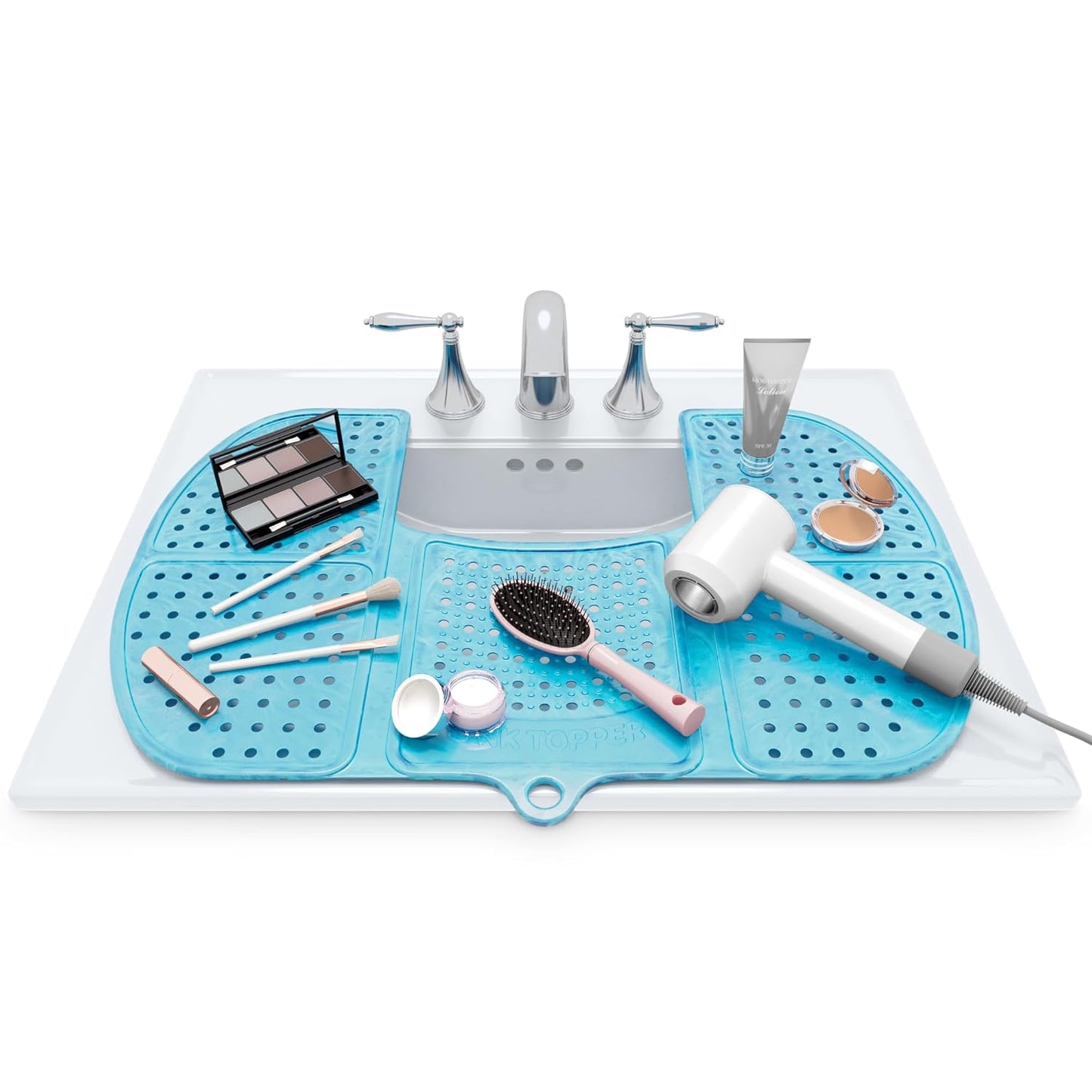 Sink Topper Bathroom Counter Cover & Storage Saver, Foldable Silicone Mat for Hot Tools, Hair Styling & Makeup, Beauty Brush Cleaning Mat, RV Camper Sink Cover & for Small Spaces (Large Pacific Blue)