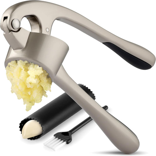 Zulay Kitchen Large Premium Garlic Press Set - Bigger Bowl for Bigger Garlic - Rust Proof & Dishwasher Safe Garlic Mincer Tool - Easy-Squeeze, Easy-Clean Silicone Garlic Peeler & Brush (Silver)