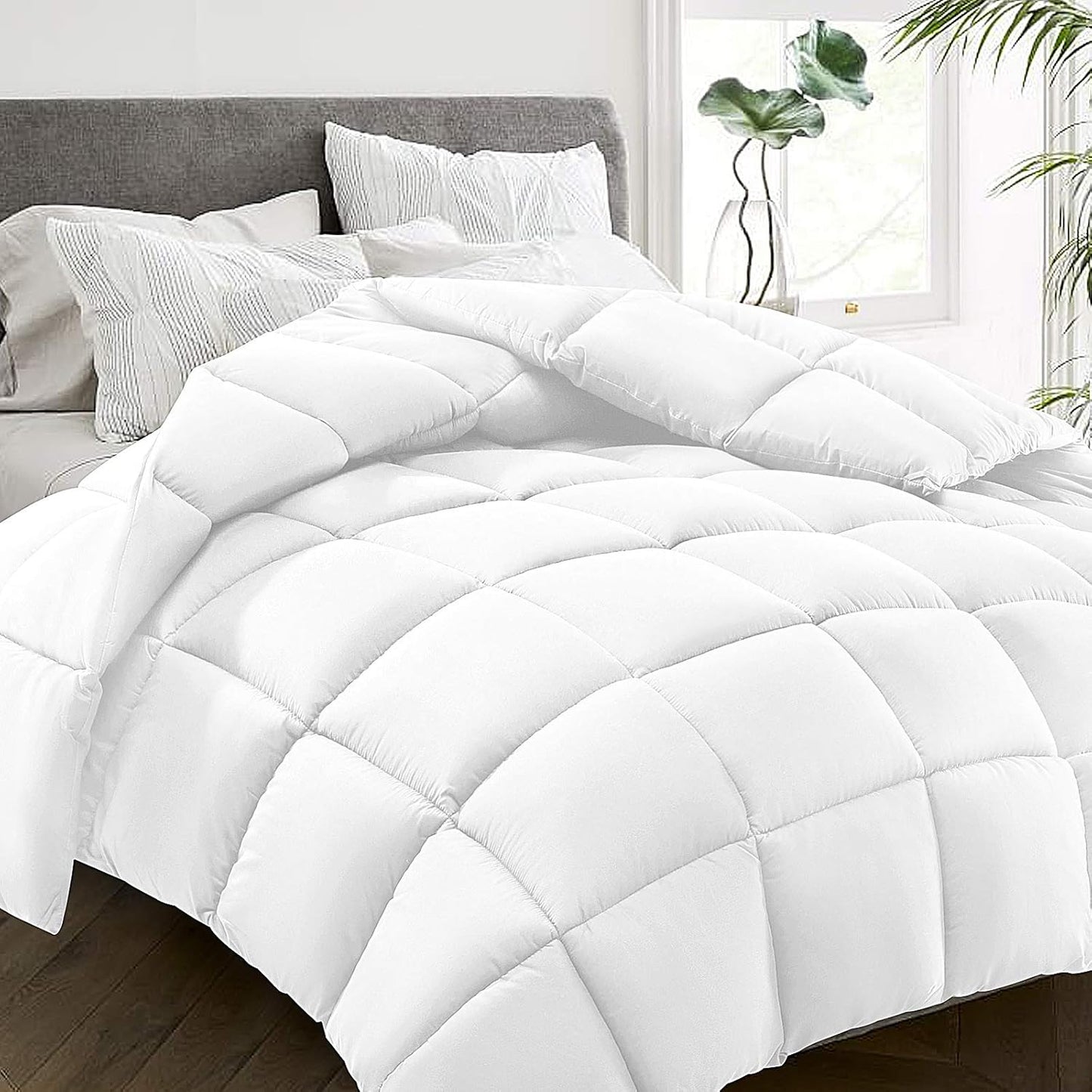 HYLEORY All-Season King Size Bed Comforter - Cooling Goose Down Alternative Quilted Duvet Insert with Corner Tabs - Winter Warm - Machine Washable - White