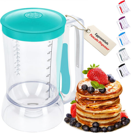 Eggssentials Pancake Dispenser for Batter - Pancake Mix Dispenser Cupcakes, and Muffins – Precision, Mess Free – Cake Mix Dispenser Bottle for Baking & Griddle - Teal Color