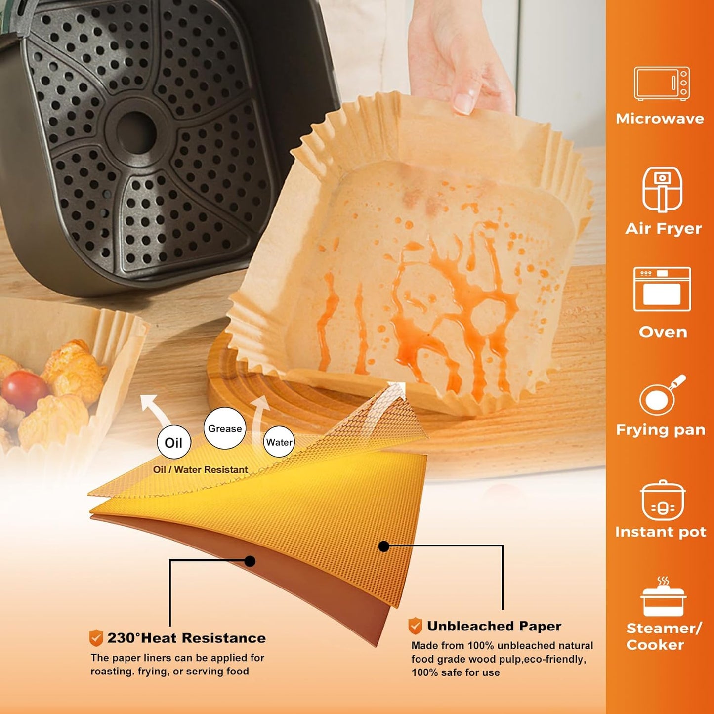Air Fryer Paper Liners: 250Pcs Parchment Paper Sheets, Air Fryer Liner Disposable, Oilproof Waterproof Airfryer Basket Liner Square (6.5inch)