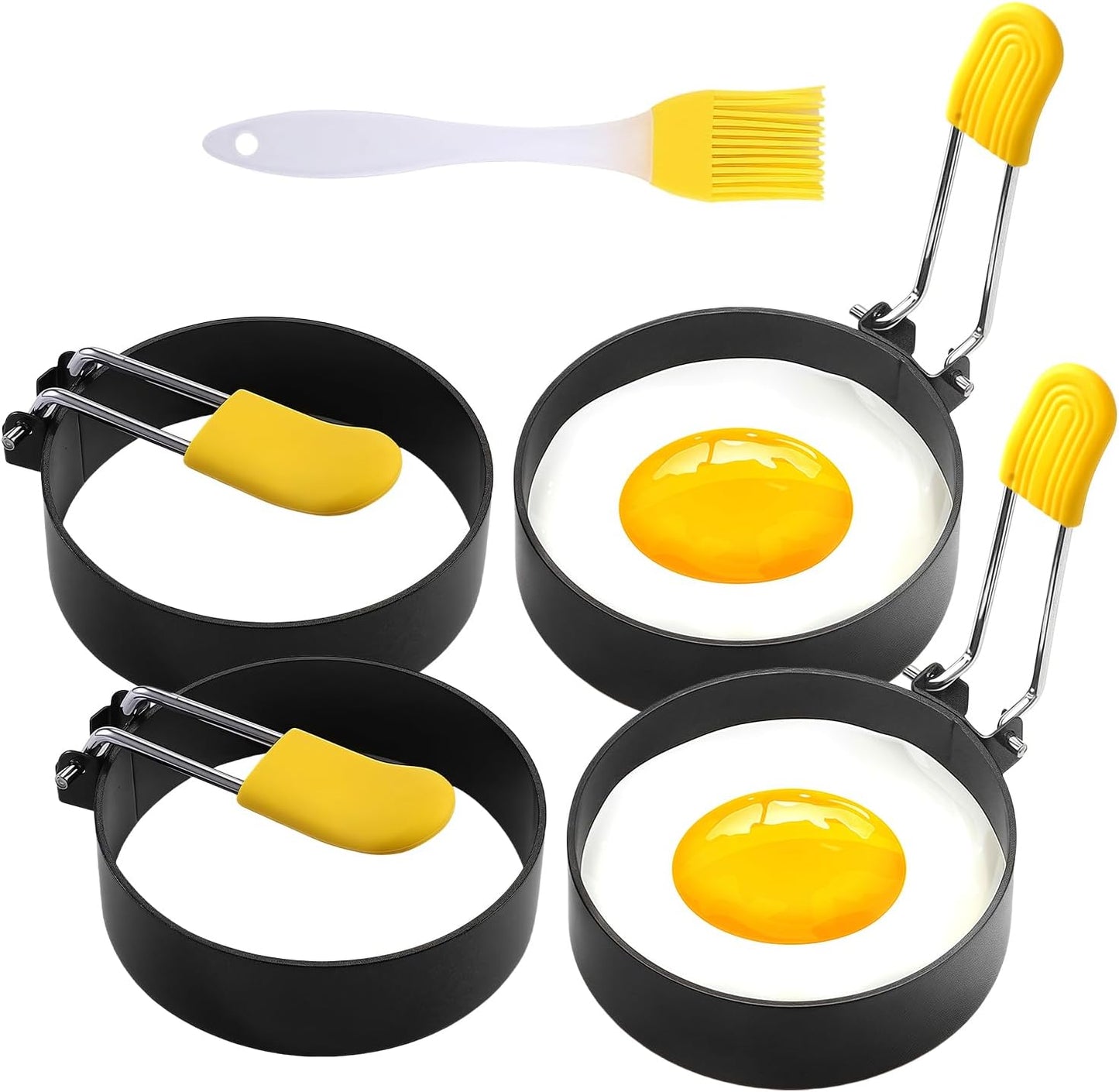 4 Pack Fried Egg Molds Round Stainless Steel Fried Egg Ring with Silicone Handle Perfect for Making Breakfast Sandwiches, Burgers, Pancakes Suitable for Home or Breakfast Carts (3 inch）