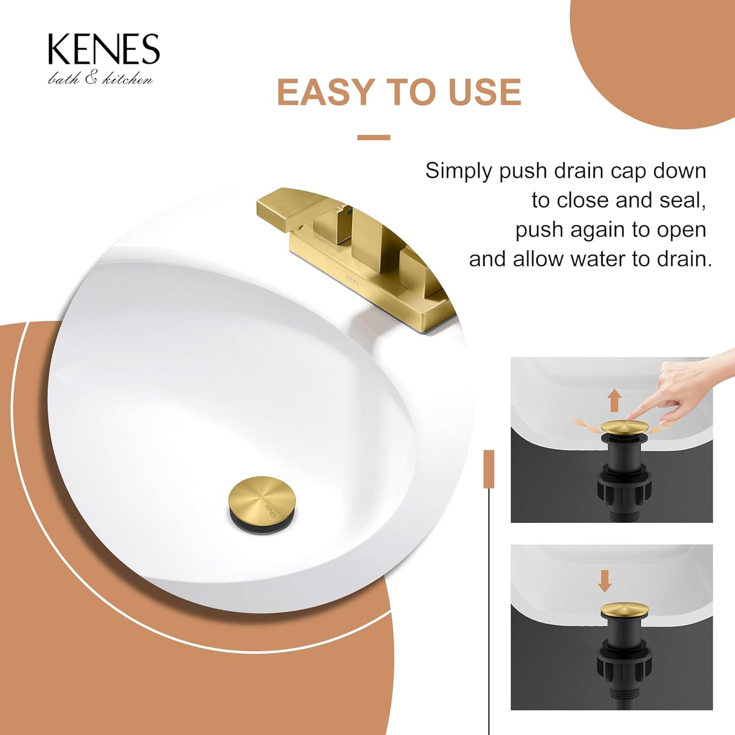 KENES Bathroom Vessel Sink Pop Up Drain Without Overflow Assembly, Lavatory Vanity Sink Drain Stopper, Anti-Clogging Drain Strainer, Brushed Gold, KE-P300A-4