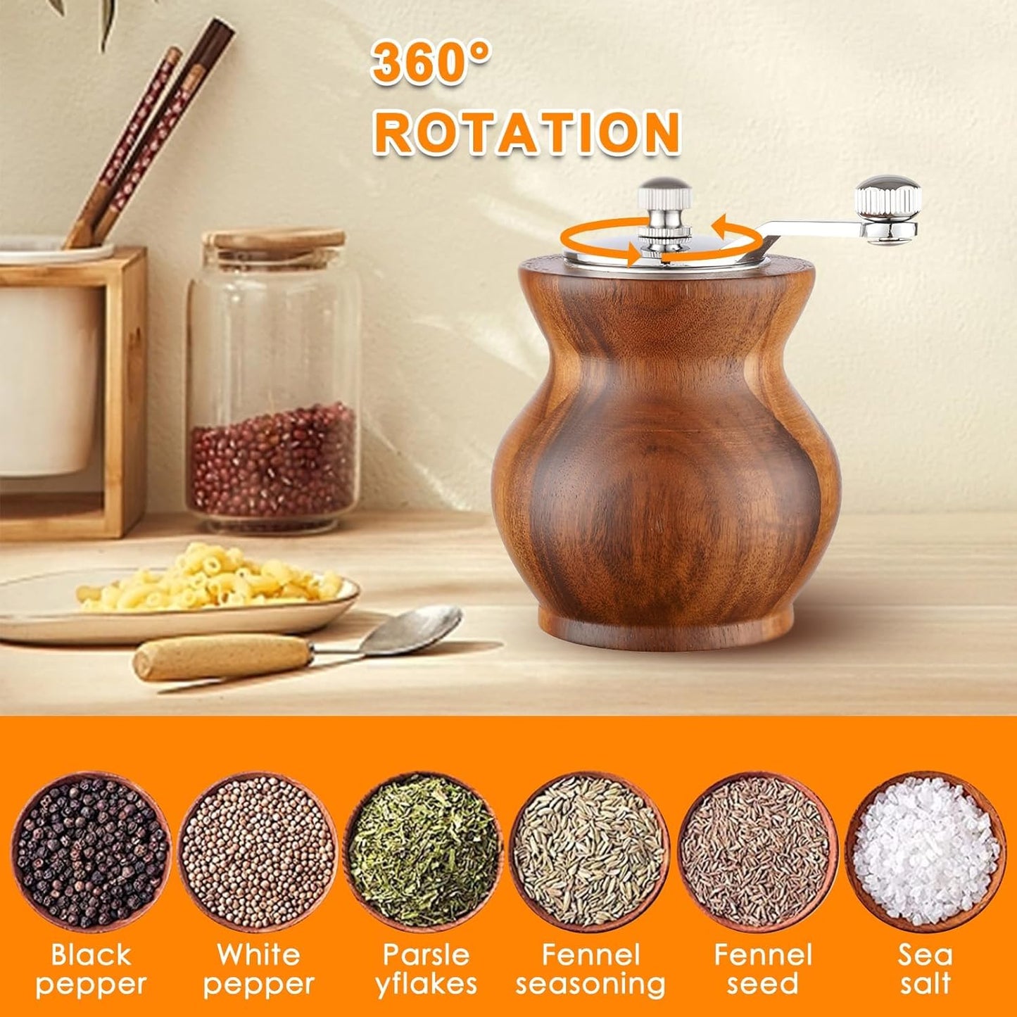 Pepper Grinder, Classical Hand Shake Wood Pepper Mills for Kitchen, Manual Wooden& Acrylic Pepper Grinder Hand Crank Salt Mill with Adjustable Coarseness, Great for Pepper, Sea Salt, Sesame