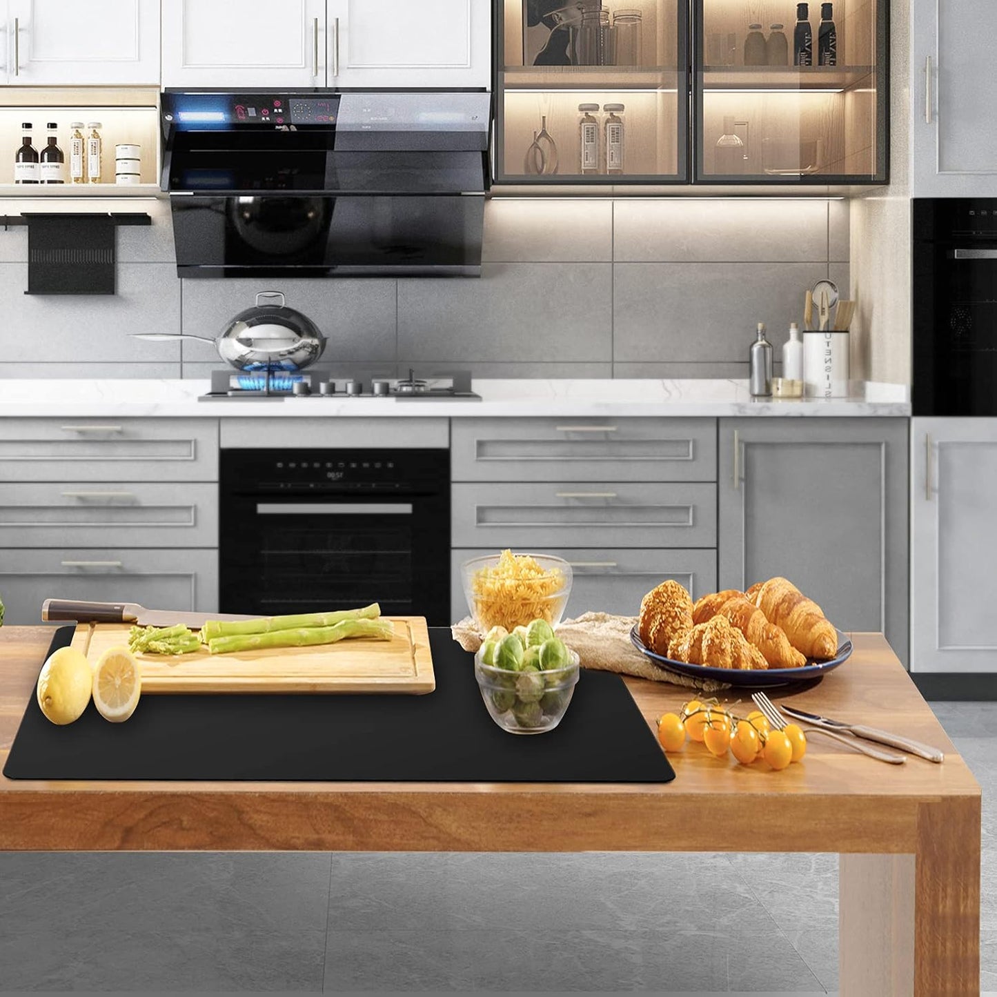 Ewen 31.6"x23.5" Large Silicone Kitchen Counter Mat, 2mm Thick Heat Resistant Silicone Countertop Protector Mat Cover for Baking Air Fryer Toaster Oven Microwave Coffee Maker Cutting Board Drill Black