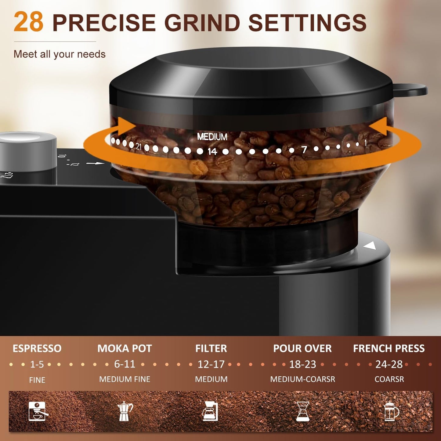 Electric Burr Coffee Grinder,Adjustable coffee grinder with 28 Precise Grind Setting for French Press, Drip Coffee and Espresso,12 Cups, (Black+ Light Gray)