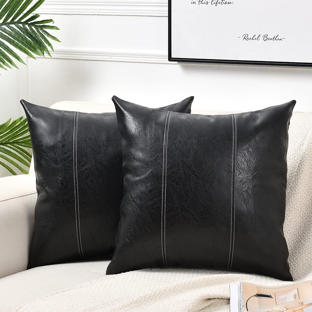 Fancy Homi Black Boho Faux Leather Decorative Throw Pillow Covers 20x20 Inch for Living Room Couch Bed Sofa, Rustic Modern Farmhouse Home Decor, Hand Stitched Square Cushion Case 50x50 cm