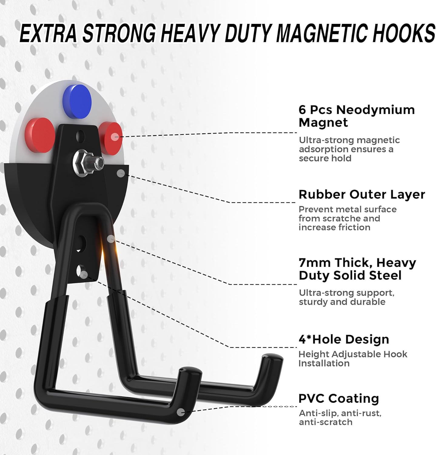 6 Pack Heavy Duty Storage Magnetic Utility Hooks Large Garage Strong Extra Magnet Hooks Hanger with Anti-Slip Coating Heavy Duty Magnetic Hooks for Hanging Power Dril Garage Garden Tools Black