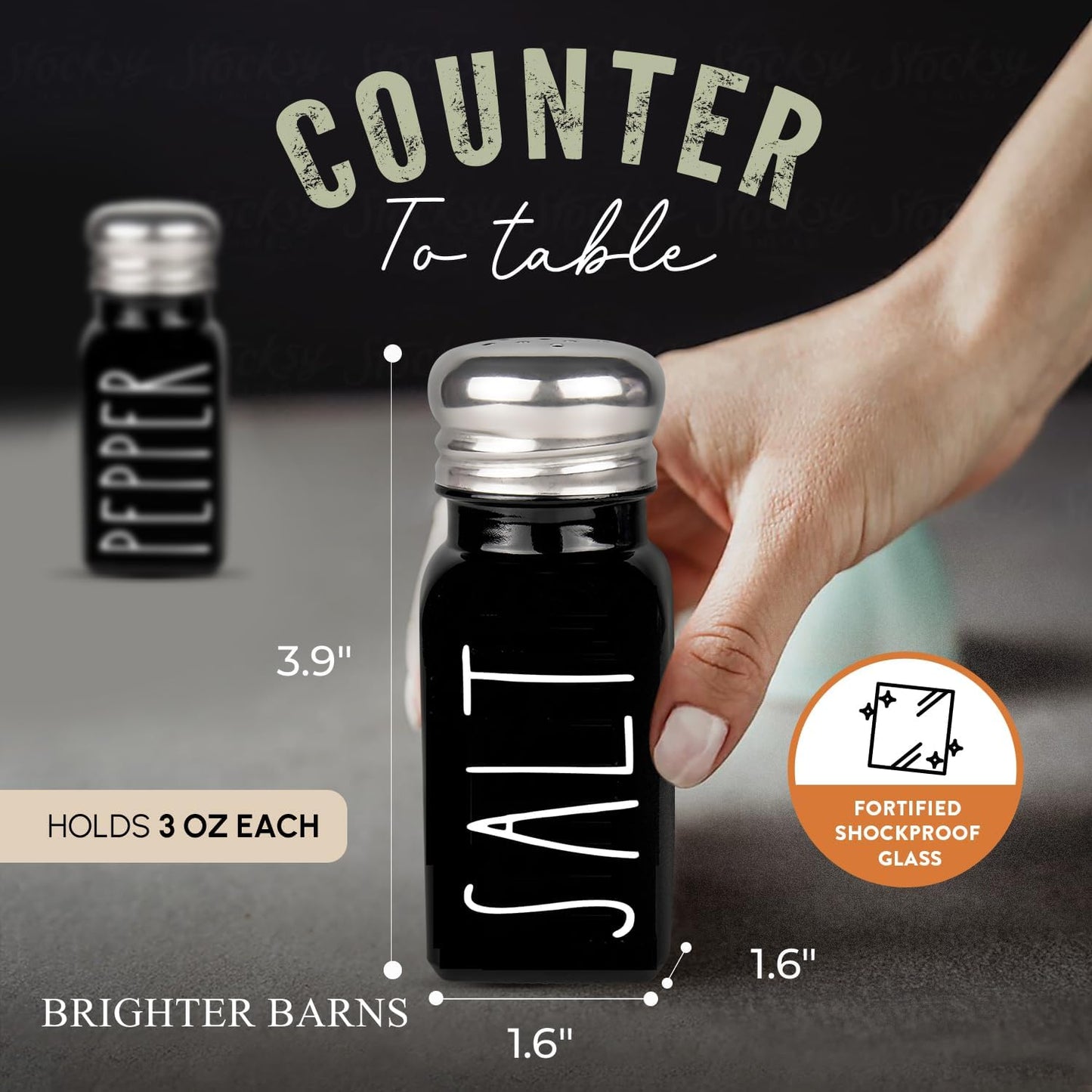 Black Salt and Pepper Shakers Set by Brighter Barns - Cute Kitchen Decor - Gothic or Halloween Kitchen Decor - Glass Shaker with Stainless Steel Lid for Home, Restaurant, Gifts (Black)