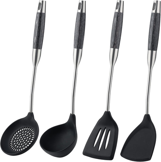 FJNATINH Silicone Wok Spatula,Turner,Ladle,Skimmer,Stainless Steel Wok Tools,Wok Utensil,Non Stick Heat-Resistant Cooking Utensils BPA Free Kitchen Utensils Cookware (Black Stainless Steel-4PCS)