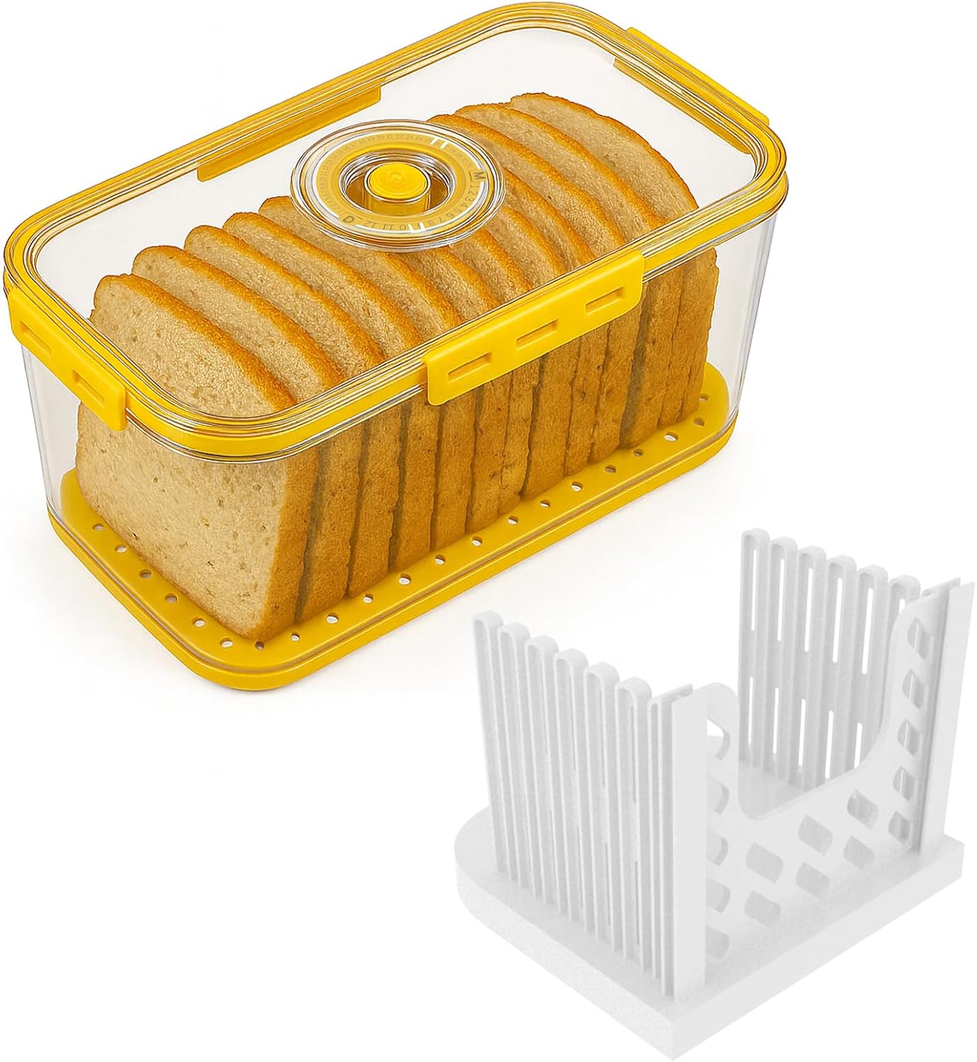 Bread Box and Slicer,Breades Slicer with Box, Large Breads Box Airtight with Lid and Time Recording Function, Bread Container for Homemade Bread, Cookies, Bagel, Donut and Toast(yellow)