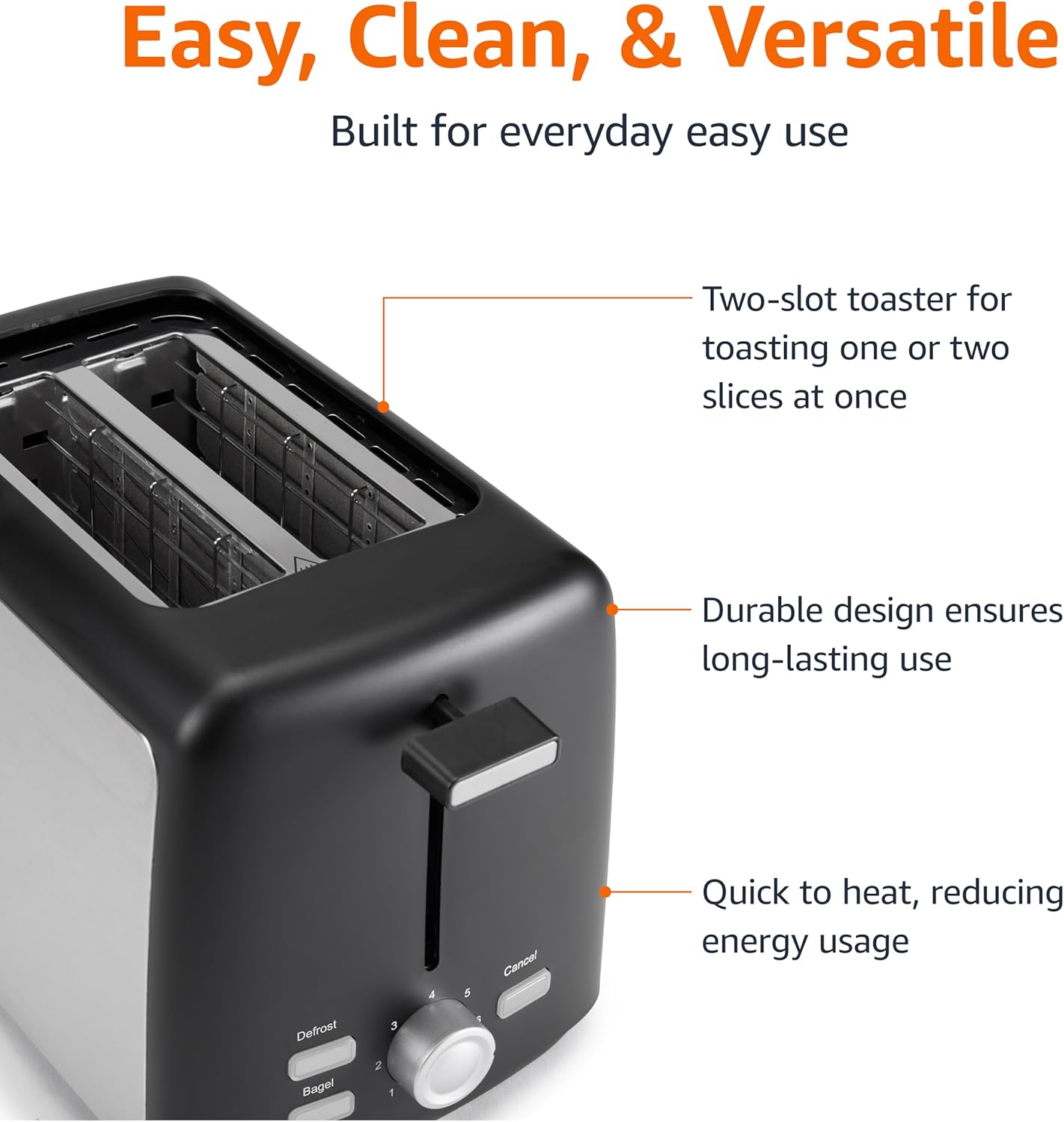 Amazon Basics 2 Slice Toaster, With 7 Browning Settings, Extra Wide Slots For Bagels and Special Breads, Removable Easy-to-Clean Crumb Trays, Cancel/Defrost/Bagel Buttons, 800W, Black & Silver