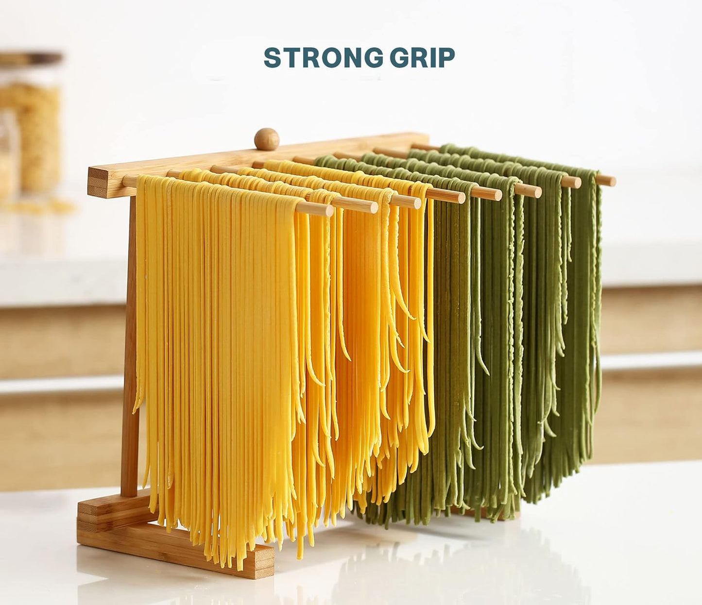 Bamboo Pasta Drying Rack with 8 Bars and Transfer Wand, Easy to Transfer for Drying Pasta and Cooking, Special Suspension Design for Large Storage, Gift for House Warming