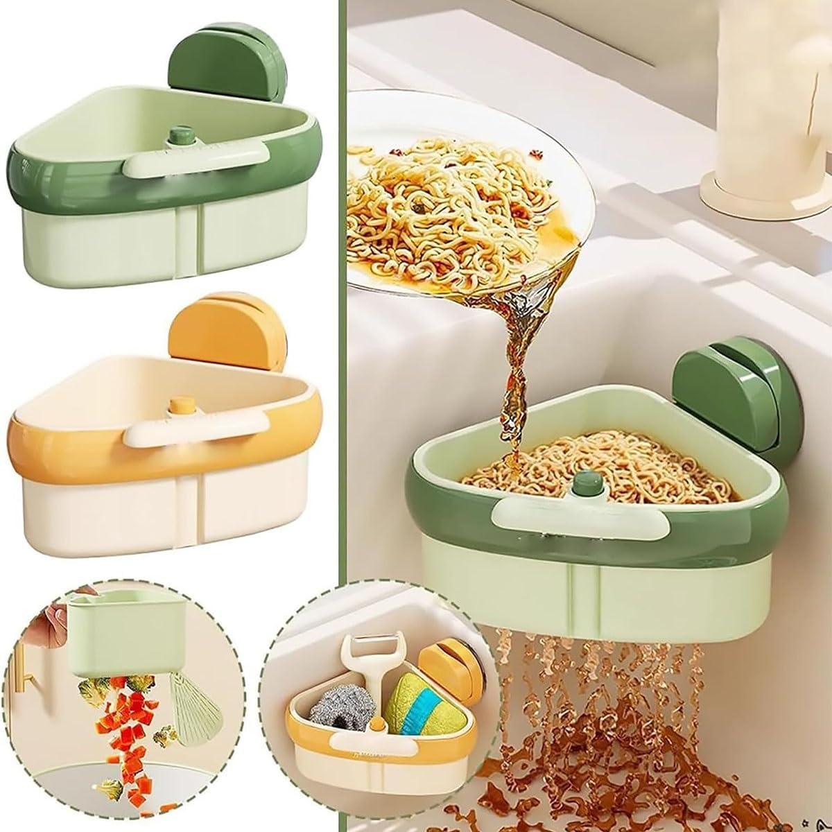 Suction Cup Sink Corner Rack, Triangular Sinks Basket Shelf with Suction Cup Sucker, Plastic Sink Storage Rack Holder, Trash Catcher, Corner Hanging, for Kitchen Bathroom Dishware(Yellow)