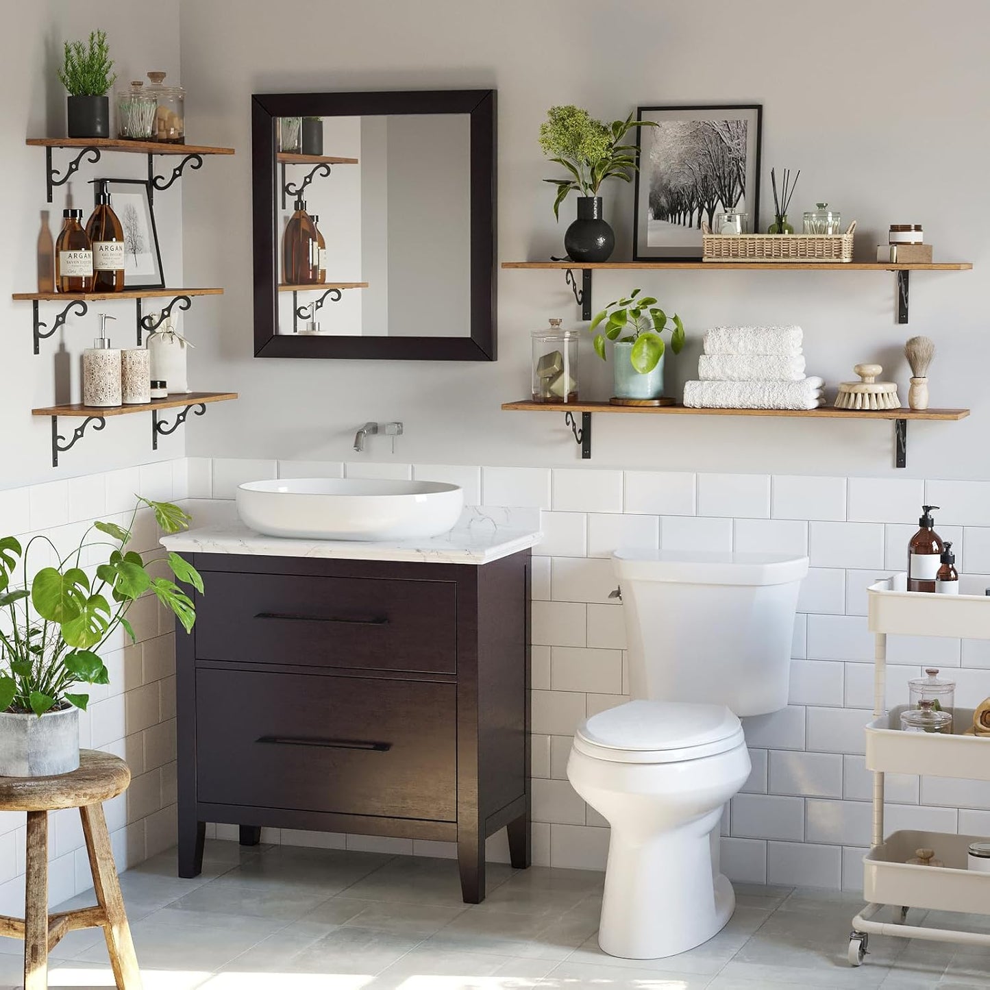 DINZI LVJ Long Wall Shelves, 31.5 Inch Large Floating Shelves Set of 4, Wide Display Shelf Wall Mounted with Brackets, Easy Hanging for Living Room, Toilet, Office, Bedroom, Rustic Brown