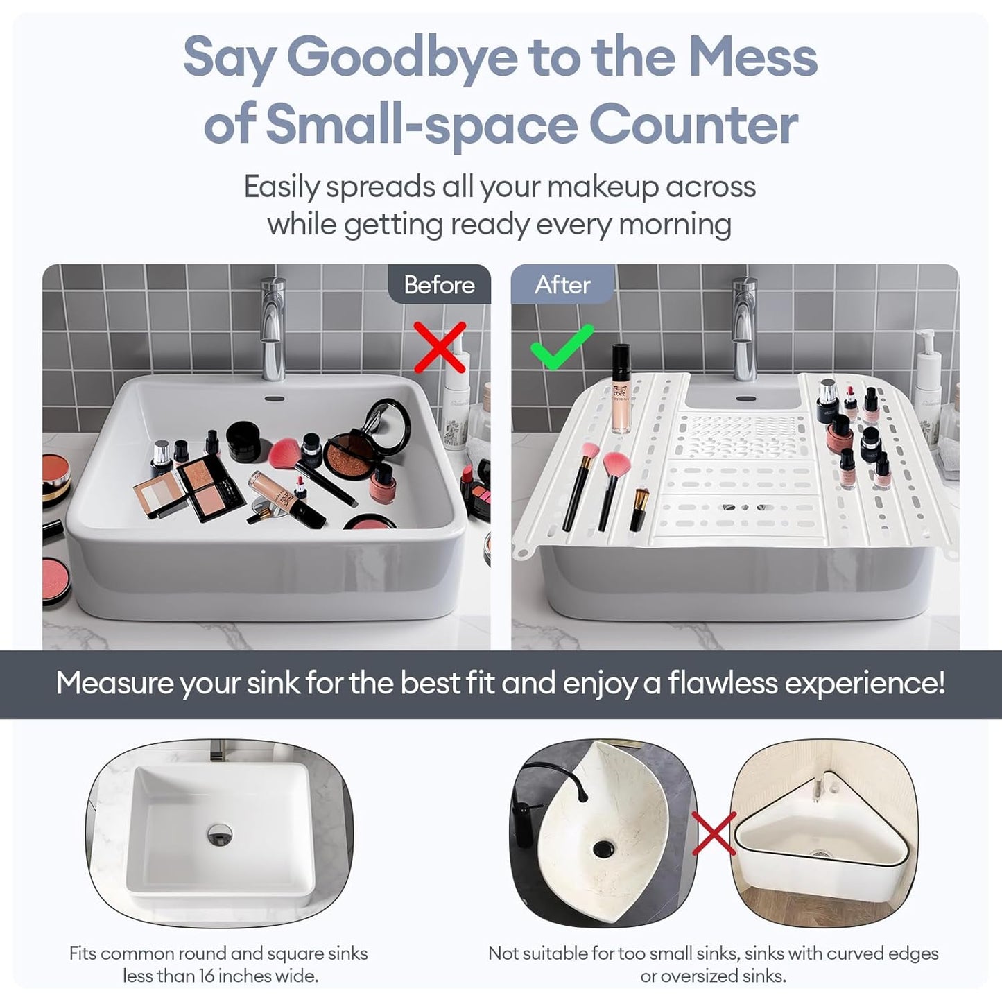 IeBilif Bathroom Sink Cover for Counter Space, Foldable Sink Covers, Makeup Organizer Mat Space Saver with Hanging Loop, Silicone Makeup Brush Cleaner Mat for Bathroom(White)