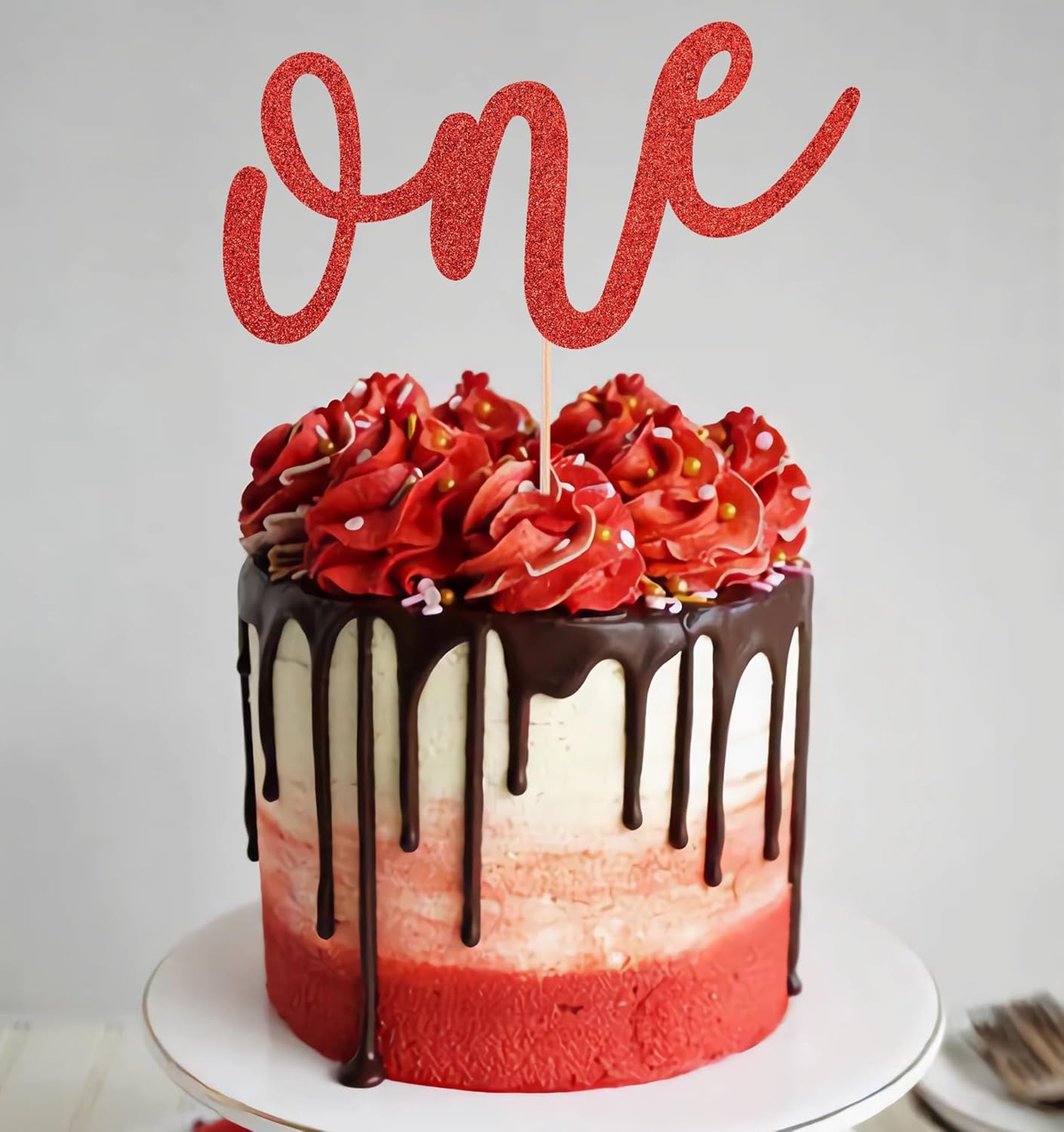 First Birthday Cake Topper - Red Glitter One Cake Decorating Supplies for Girls and Boys, Perfect for Baby Shower/Gender Revealing Party/Baby Party Photo Booth Props