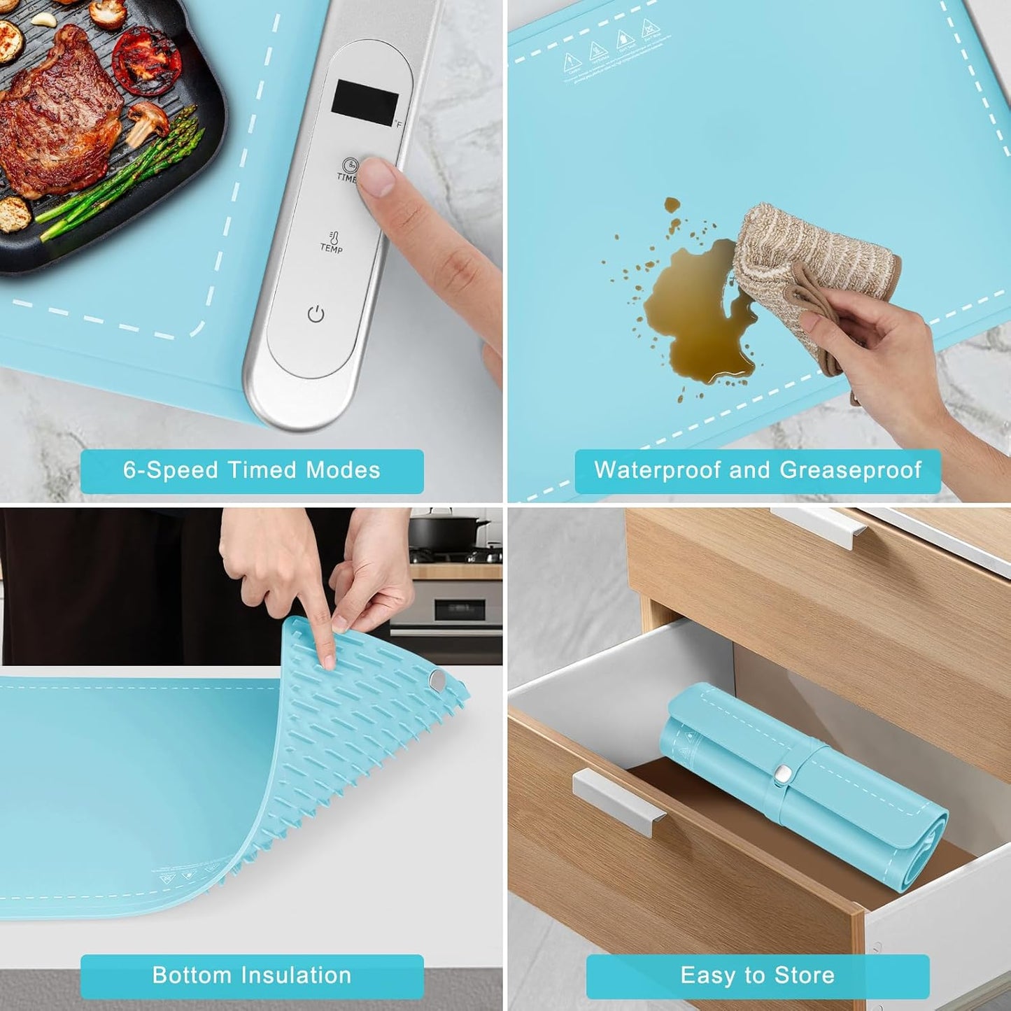 FYY Food Warming Mat - Electric Warming Tray with 6 Temperature Settings and 6 Hours Timer, Full Surface Graphene Heating Food Warmer, Premium Rollable Heating Tray for Gatherings, Parties, Light Blue
