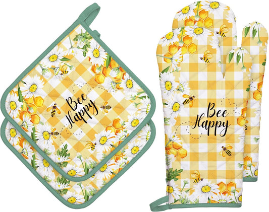 Bee Daisy Oven Mitts and Pot Holders Sets 4Pcs, 100% Cotton Heat Resistant, Extra Long Oven Gloves Potholder for Kitchen Cooking Baking Housewarming