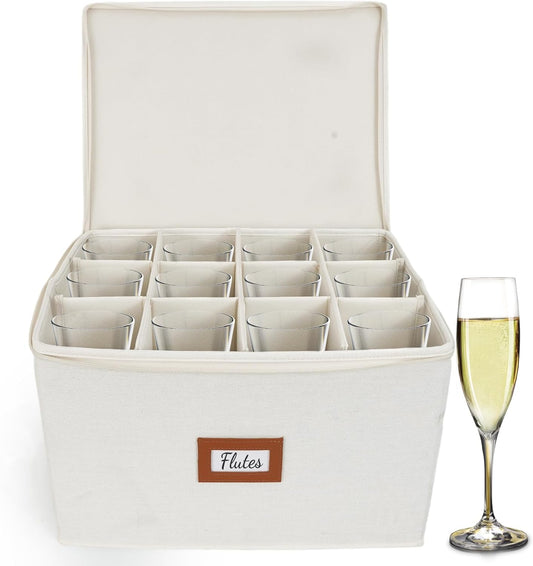 HOMELUX THEORY Champagne Flute Storage Box, Ivory Hard Shell China Storage Containers, Kitchen Storage Bins With Lids, Heavy Duty Moving Box for Glasses & Stemware, Glassware & Wine Glass