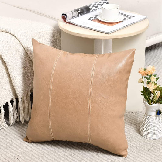 Fancy Homi Tan Decorative Throw Pillow Covers 20x20 Inch for Living Room Couch Bed, Modern Farmhouse Boho Home Decor, Waterproof Faux Leather Hand Stitched Beige Square Cushion Case 50x50 cm
