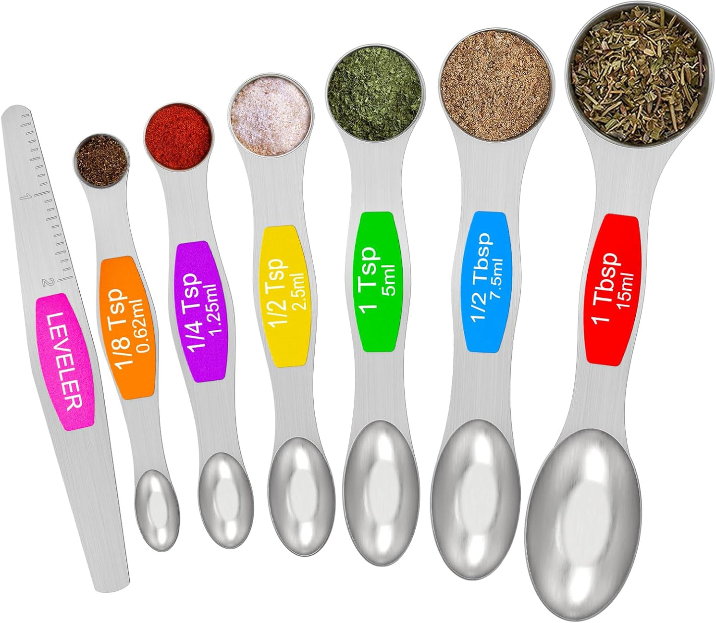 Magnetic Measuring Spoons Set - Wildone Stainless Steel Double Sided Measuring Spoons Set of 7, for Dry and Liquid Ingredients, including 6 Heavy Duty Nesting Spoons, 1 Leveler, Fits in Spice Jar