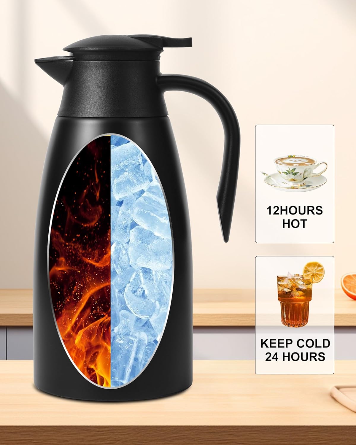 70 oz Thermal Coffee Carafe for keeping hot, Updated Airpot dispener, Insulated Stainless Steel Vacuum Thermal Pot for Coffee, Hot Water,Keep Hot 12 Hours (black/black)