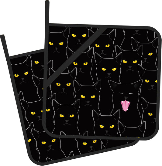 Pot Holder Set of 2,Black Cat Cute Kitchen Heat Resistant Potholder for BBQ Cooking Baking,Food Hot Pat for Women Men Kitchen Wear