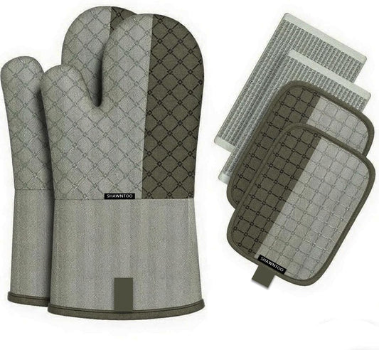 Oven Mitts and Pot Holders Sets 6pcs, Kitchen Oven Glove,High Heat Resistant 550 Degree Extra Long Oven Mitts and Potholders with Non-Slip Silicone Surface for Home Essentials (Grey) (Cream Green)