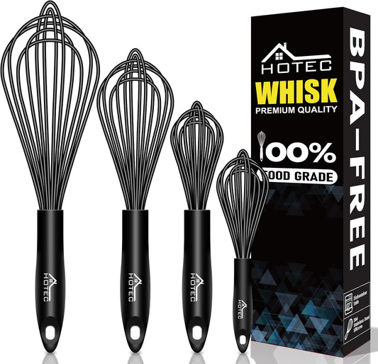 HOTEC 4 Pieces Silicone Whisks Set, Wire Balloon Whisks Egg Beater, Non-slip Handle Whisk for Non-stick Cookware Perfect for Cooking, Stirring, Beating and Blending (Black)