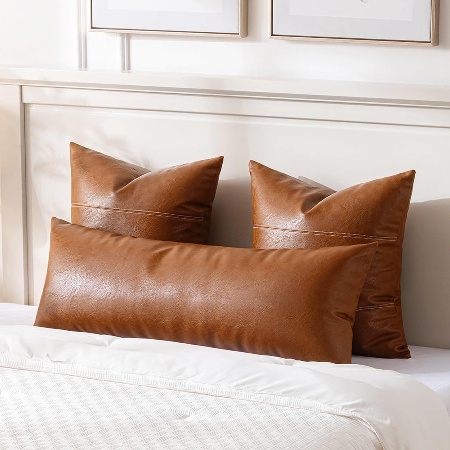 Fancy Homi Brown Boho Long Lumbar Faux Leather Body Decorative Throw Pillow Cover 14x36 Inch for Bedroom Couch Bed Bench, Thick Stylish Solid Rectangle Pillowcase, Rustic Modern Farmhouse Room Decor